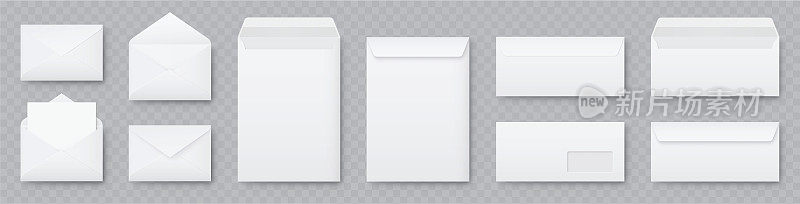 现实的白色信封模型收集。A6 C6, A5 C5, A4 C4, A5 C5, A3 C3, DL套装。折叠和展开信封模拟股票矢量。